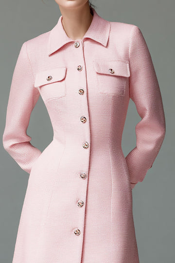 Pink A Line Lapel Neck Long Sleeve Midi Work Dress